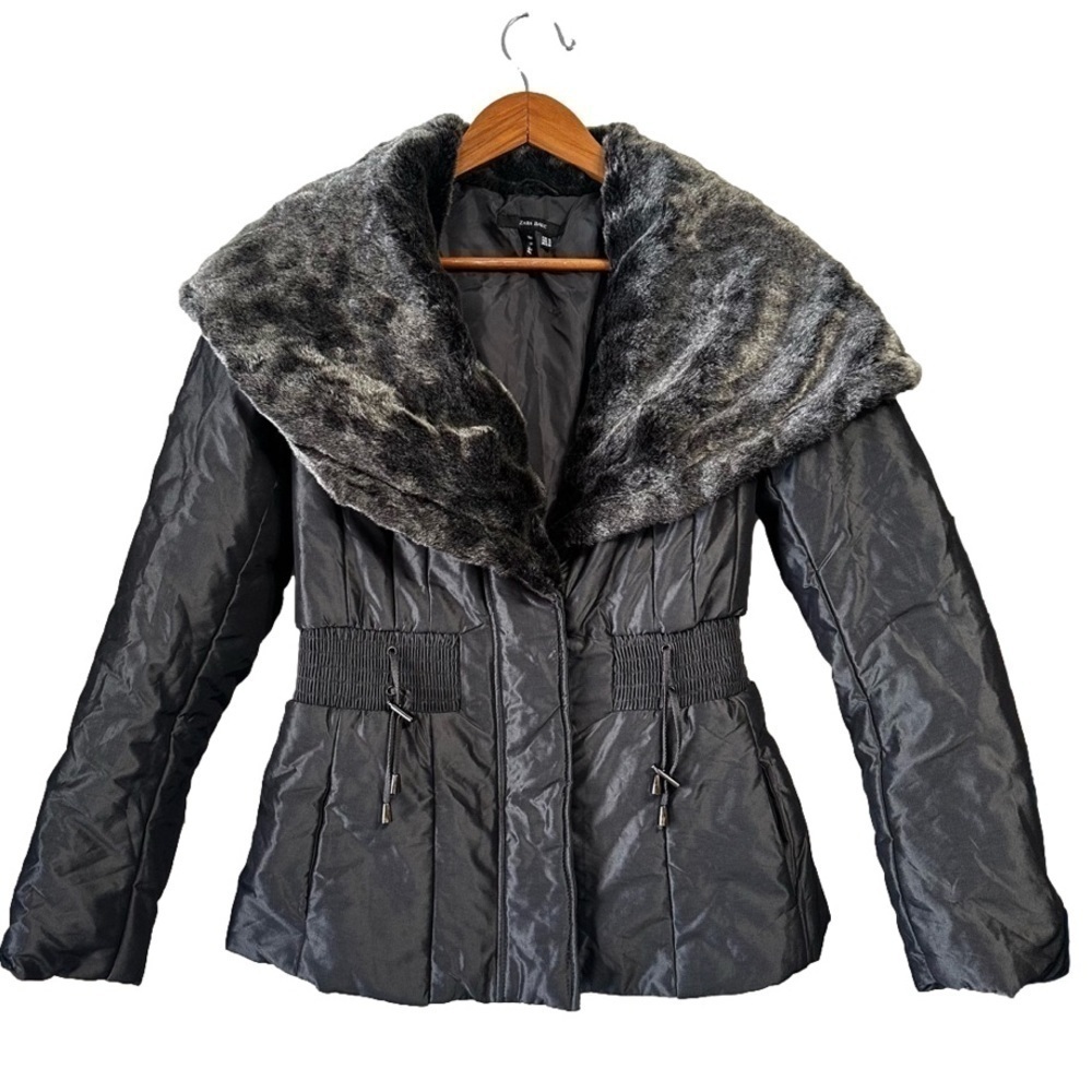 Zara Basic Grey silver metallic Faux Fur Collar cinched waist puffer Jacket